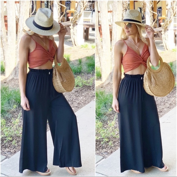 Black Wide Leg High Waist Drawstring Pants - Picture 3 of 3